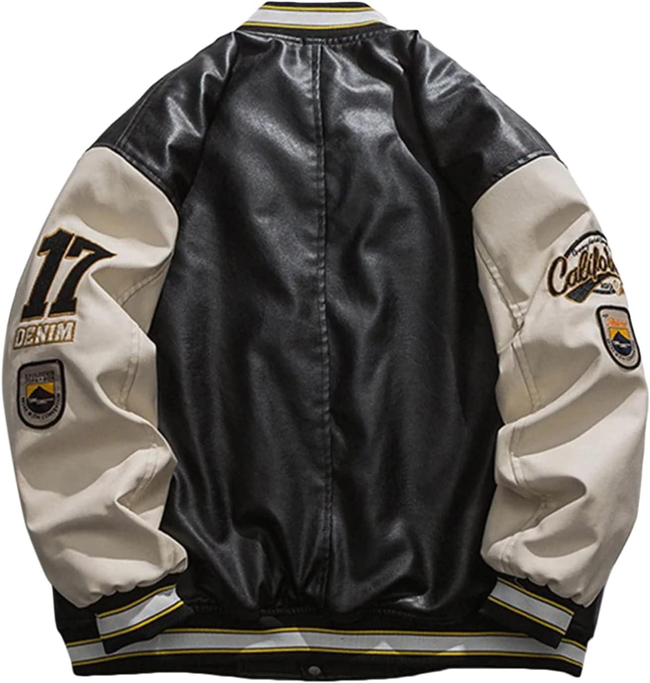 imageAelfric Eden Mens PU Jacket Oversized Varsity Jacket Zipper Closure Casual Patchwork Lamb Collar Winter CoatsE1black