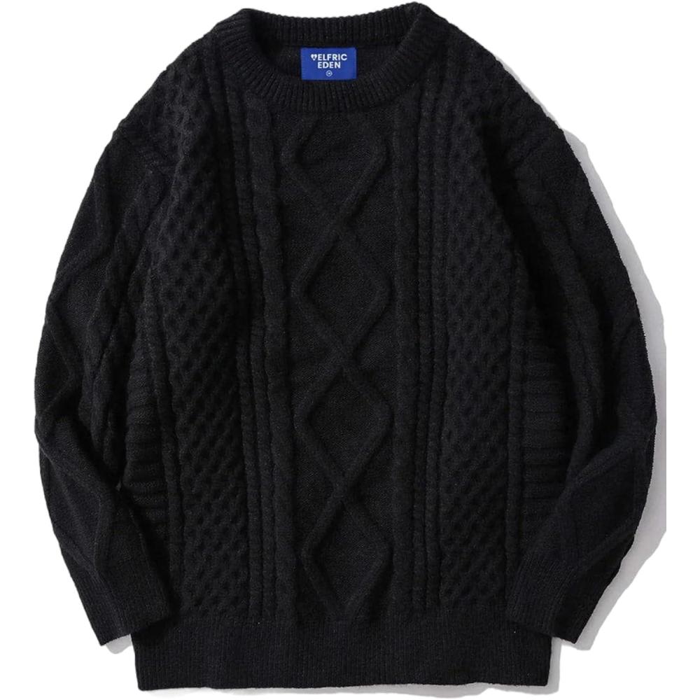 imageAelfric Eden Cable Knit Sweater Men Oversized Rory Gilmore Crewneck Knitted Sweater Pullover 2024 Vintage Fall Sweaters TopsBlack