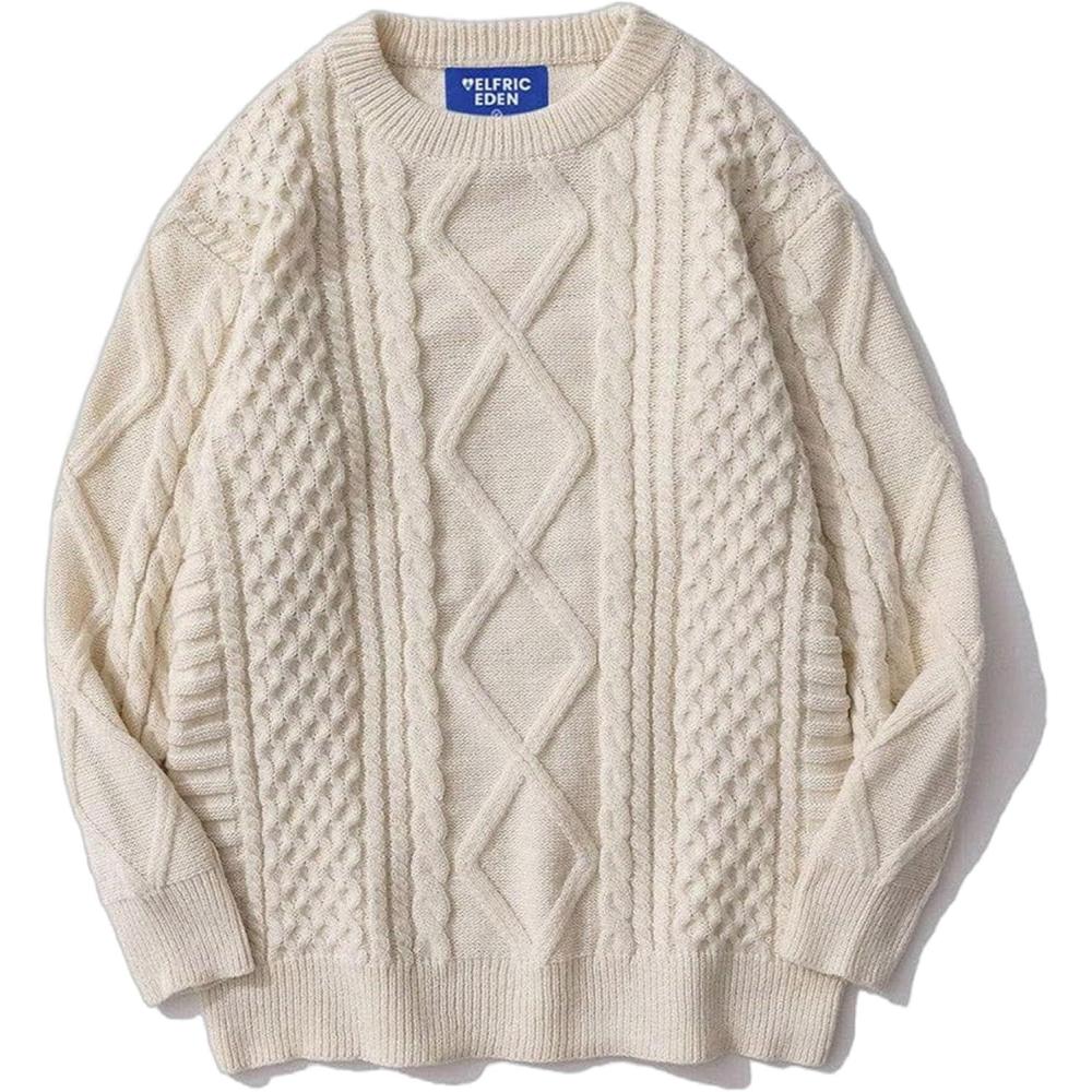 imageAelfric Eden Cable Knit Sweater Men Oversized Rory Gilmore Crewneck Knitted Sweater Pullover 2024 Vintage Fall Sweaters TopsCream