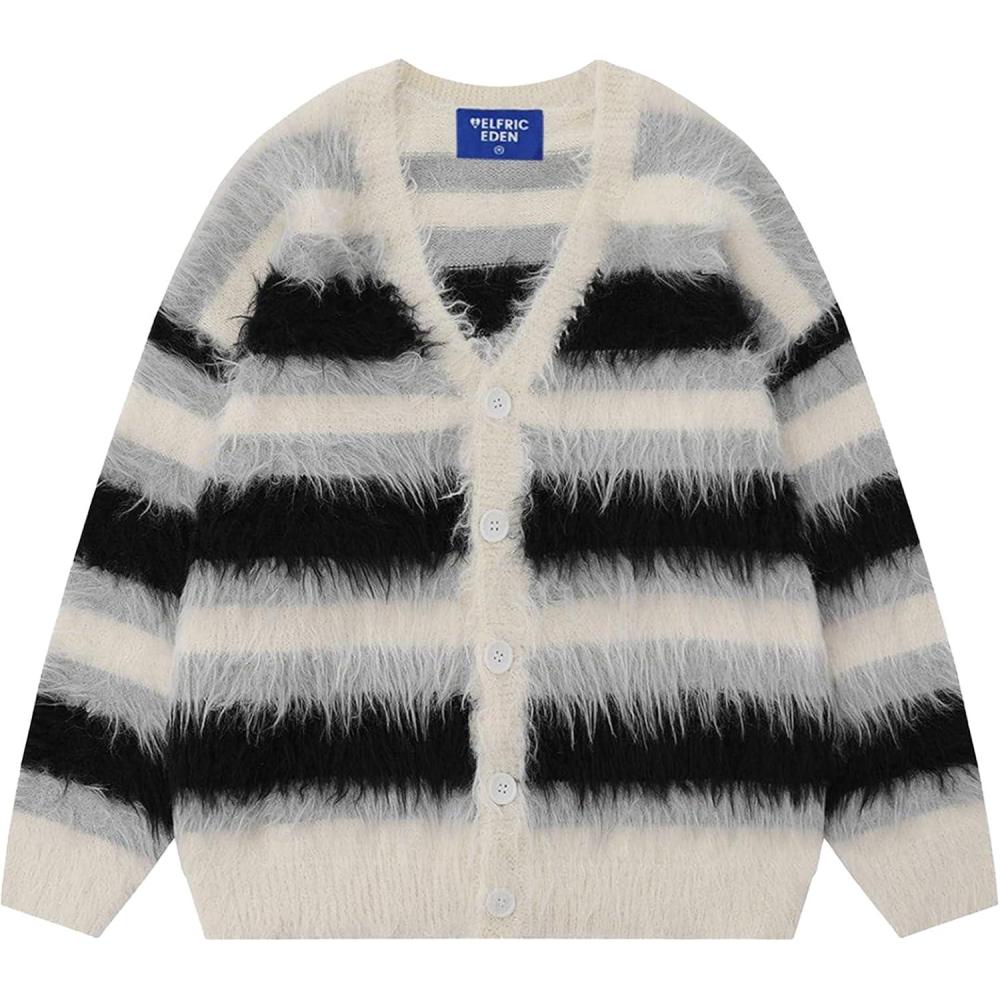 imageAelfric Eden Color Blocking Striped Fuzzy Cardigan Crewneck Vintage Oversized Button Down Knit Cardigans Sweater TopsBlack
