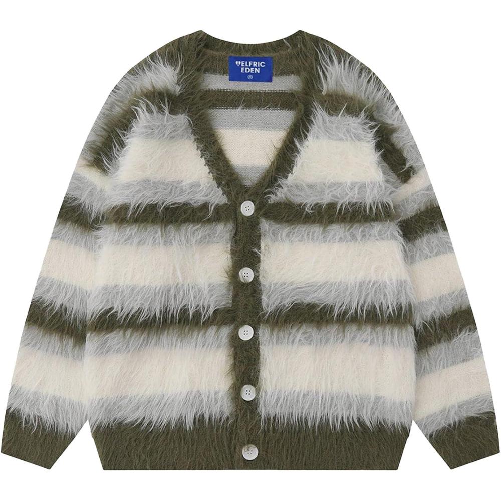 imageAelfric Eden Color Blocking Striped Fuzzy Cardigan Crewneck Vintage Oversized Button Down Knit Cardigans Sweater TopsGreen