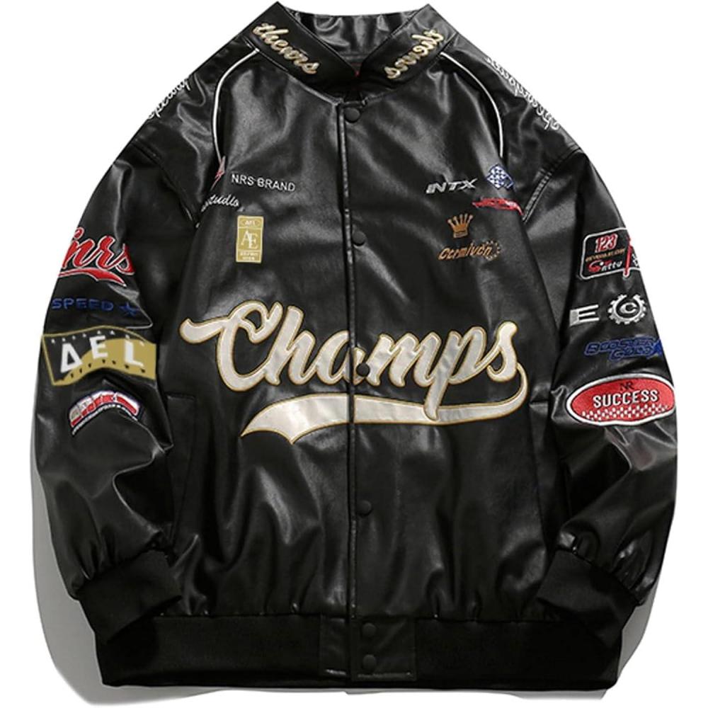 imageAelfric Eden Embroiderey Racing Leather Bomber Jackets Oversized Patchwork Vintage Racer Moto JacketsBlack
