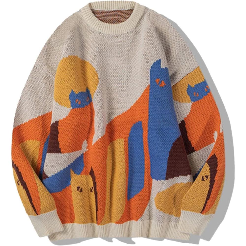 imageAelfric Eden Graphic Sweaters Color Blocking Cat Sweater Vintage Oversized Crewneck Knit Pullover Christmas TopsApricot