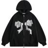imageAelfric Eden Womens Lace Bow Zip Up Hoodies Embroidery Graphic Print Hooded Y2K Fashion Oversized Casual Sweatshirts JacketsBlack