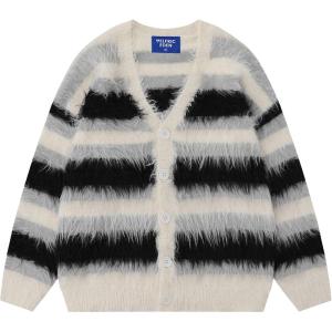 imageAelfric Eden Color Blocking Striped Fuzzy Cardigan Crewneck Vintage Oversized Button Down Knit Cardigans Sweater TopsBlack