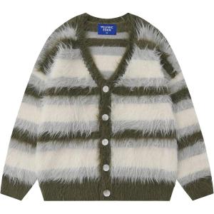 imageAelfric Eden Color Blocking Striped Fuzzy Cardigan Crewneck Vintage Oversized Button Down Knit Cardigans Sweater TopsGreen