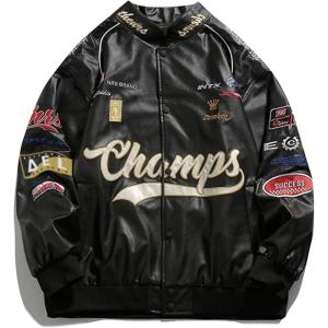 imageAelfric Eden Embroiderey Racing Leather Bomber Jackets Oversized Patchwork Vintage Racer Moto JacketsBlack