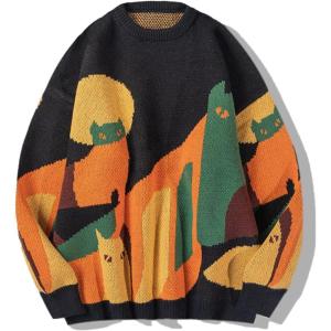 imageAelfric Eden Graphic Sweaters Color Blocking Cat Sweater Vintage Oversized Crewneck Knit Pullover Christmas TopsBlack