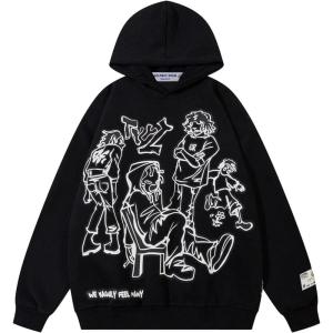 imageAelfric Eden Mens Graphic Oversized Hoodie Cartoon Character Print Streetwear Casual hoodies y2k Hooded SweatshirtBlack  White