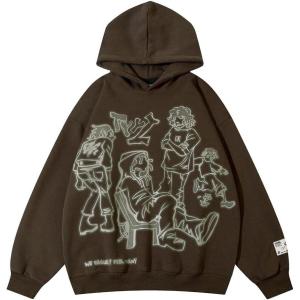 imageAelfric Eden Mens Graphic Oversized Hoodie Cartoon Character Print Streetwear Casual hoodies y2k Hooded SweatshirtCoffee