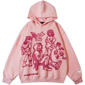 imageAelfric Eden Mens Graphic Oversized Hoodie Cartoon Character Print Streetwear Casual hoodies y2k Hooded SweatshirtPink
