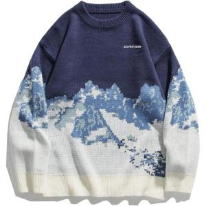 imageAelfric Eden Snow Mountain Sweater Men Casual Knitted Sweater Oversized Graphic Pullover SweaterBlue