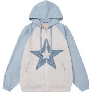 imageAelfric Eden Suede Star Patchwork Full Zip Up Hoodie Oversized Graphic Hoodies Y2K Hooded Casual Sweatshirts JacketsBule