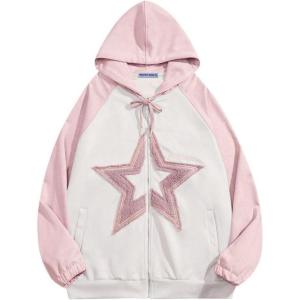 imageAelfric Eden Suede Star Patchwork Full Zip Up Hoodie Oversized Graphic Hoodies Y2K Hooded Casual Sweatshirts JacketsPink