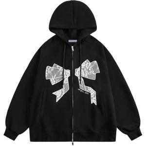 imageAelfric Eden Womens Lace Bow Zip Up Hoodies Embroidery Graphic Print Hooded Y2K Fashion Oversized Casual Sweatshirts JacketsBlack