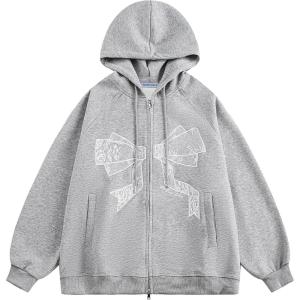 imageAelfric Eden Womens Lace Bow Zip Up Hoodies Embroidery Graphic Print Hooded Y2K Fashion Oversized Casual Sweatshirts JacketsGrey