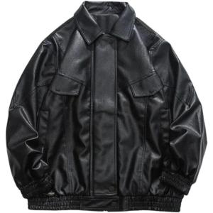 imageAelfric Eden Womens Oversized Leather Jackets Mens Faux Leather Bomber Jacket 90s Vintage Biker Racing Moto JacketsA1black
