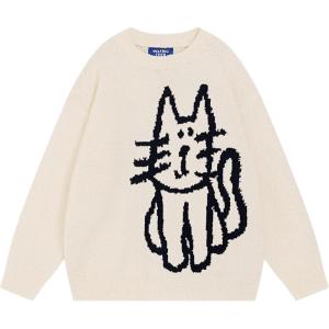 imageAelfric Eden Womens Pullover Sweater Hand Drawn Cat Graphic Printed Oversized Sweater Fall Winter Fashion Couple TopsApricot