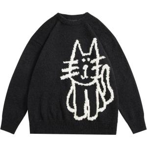 imageAelfric Eden Womens Pullover Sweater Hand Drawn Cat Graphic Printed Oversized Sweater Fall Winter Fashion Couple TopsBlack