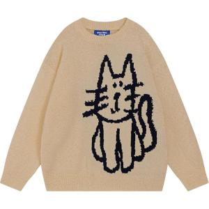 imageAelfric Eden Womens Pullover Sweater Hand Drawn Cat Graphic Printed Oversized Sweater Fall Winter Fashion Couple TopsKhaki