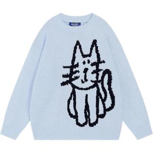 imageAelfric Eden Womens Pullover Sweater Hand Drawn Cat Graphic Printed Oversized Sweater Fall Winter Fashion Couple TopsLight Blue
