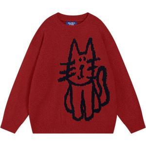 imageAelfric Eden Womens Pullover Sweater Hand Drawn Cat Graphic Printed Oversized Sweater Fall Winter Fashion Couple TopsRed