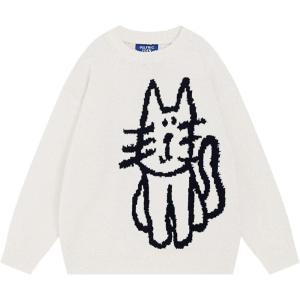 imageAelfric Eden Womens Pullover Sweater Hand Drawn Cat Graphic Printed Oversized Sweater Fall Winter Fashion Couple TopsWhite