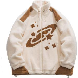 imageAelfric Eden Womens Star Sky Sherpa Fleece Jacket Zip Up Winter Puffer Fuzzy Jackets Patchwork Warm Fur Coat UnisexBrown