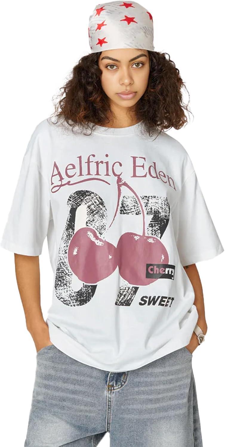 imageAelfric Eden Cherry Print Tee Oversized Graphic Tees Short Sleeve Crewneck Shirts Y2K Vintage Unisex StreetwearWhite
