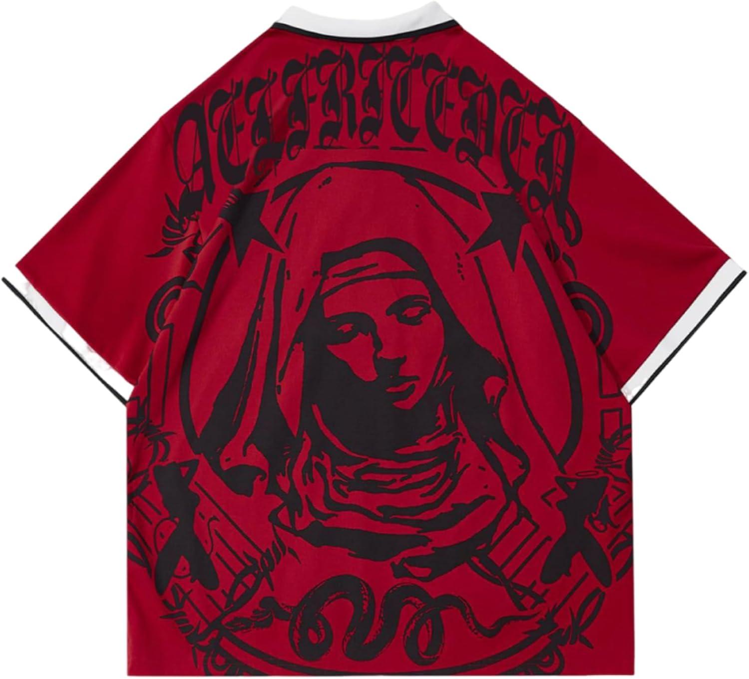 imageAelfric Eden Mens 90s Oversized Y2K T Shirts Nun Portrait Polo Tee Grahpic Streetwear Casual Vintage Summer Top TshirtRed