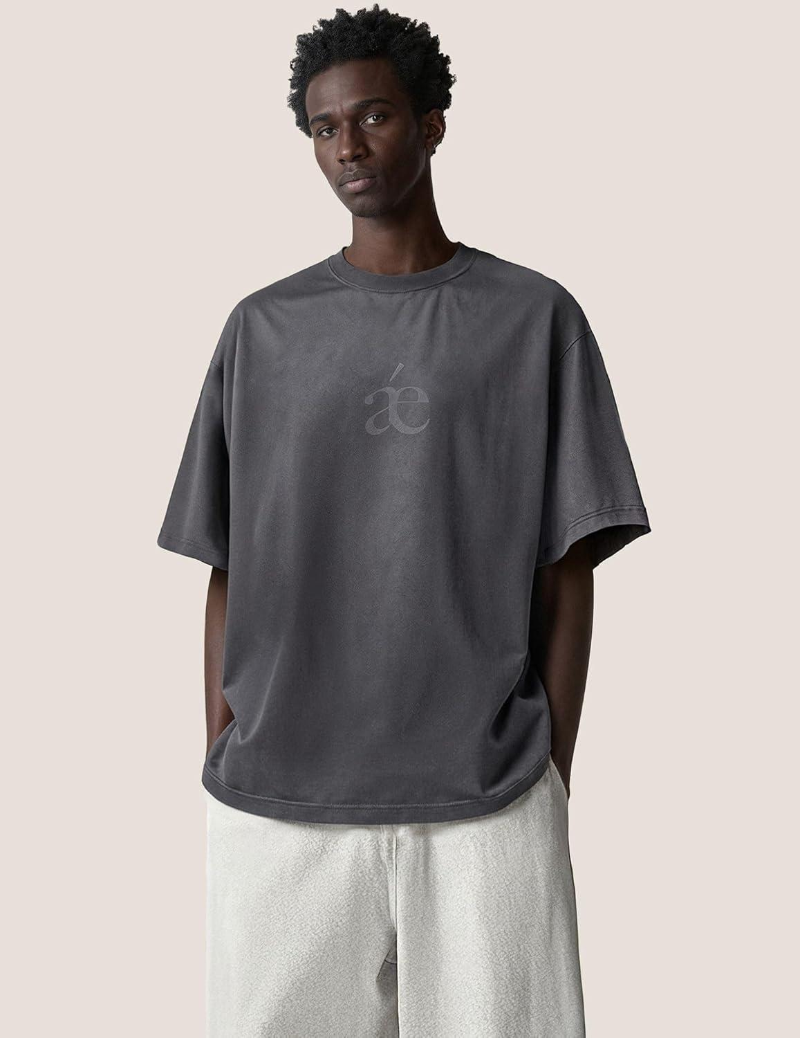 imageAelfric Eden Mens Acid Wash T Shirts Oversized Heavyweight Cotton Vintage Tees Streetwear Casual Short Sleeve TopsDark Grey