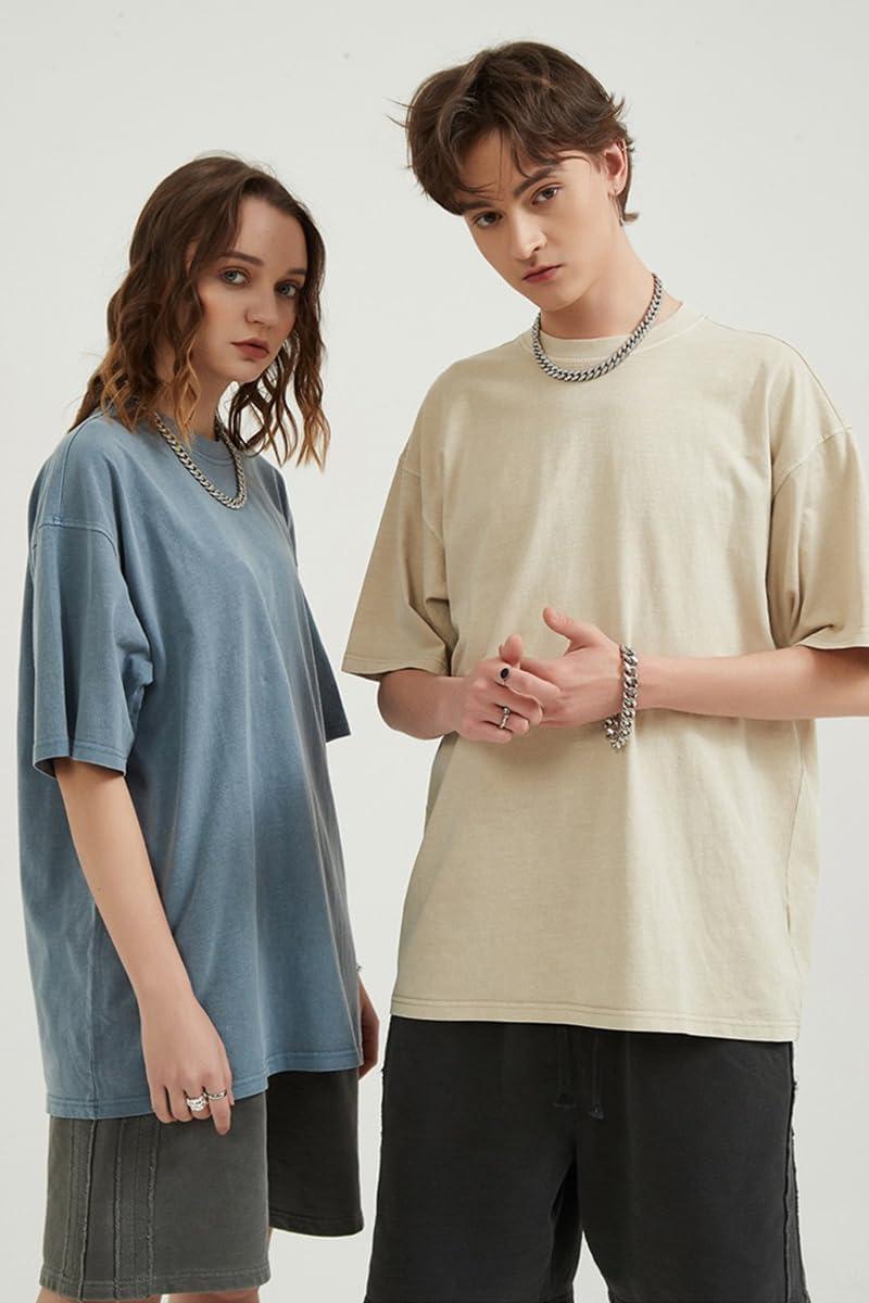 imageAelfric Eden Mens Oversized T Shirt Vintage Acid Wash Short Sleeve Crewneck Shirts Cotton Solid Summer Basic Tee StreetwearApricot