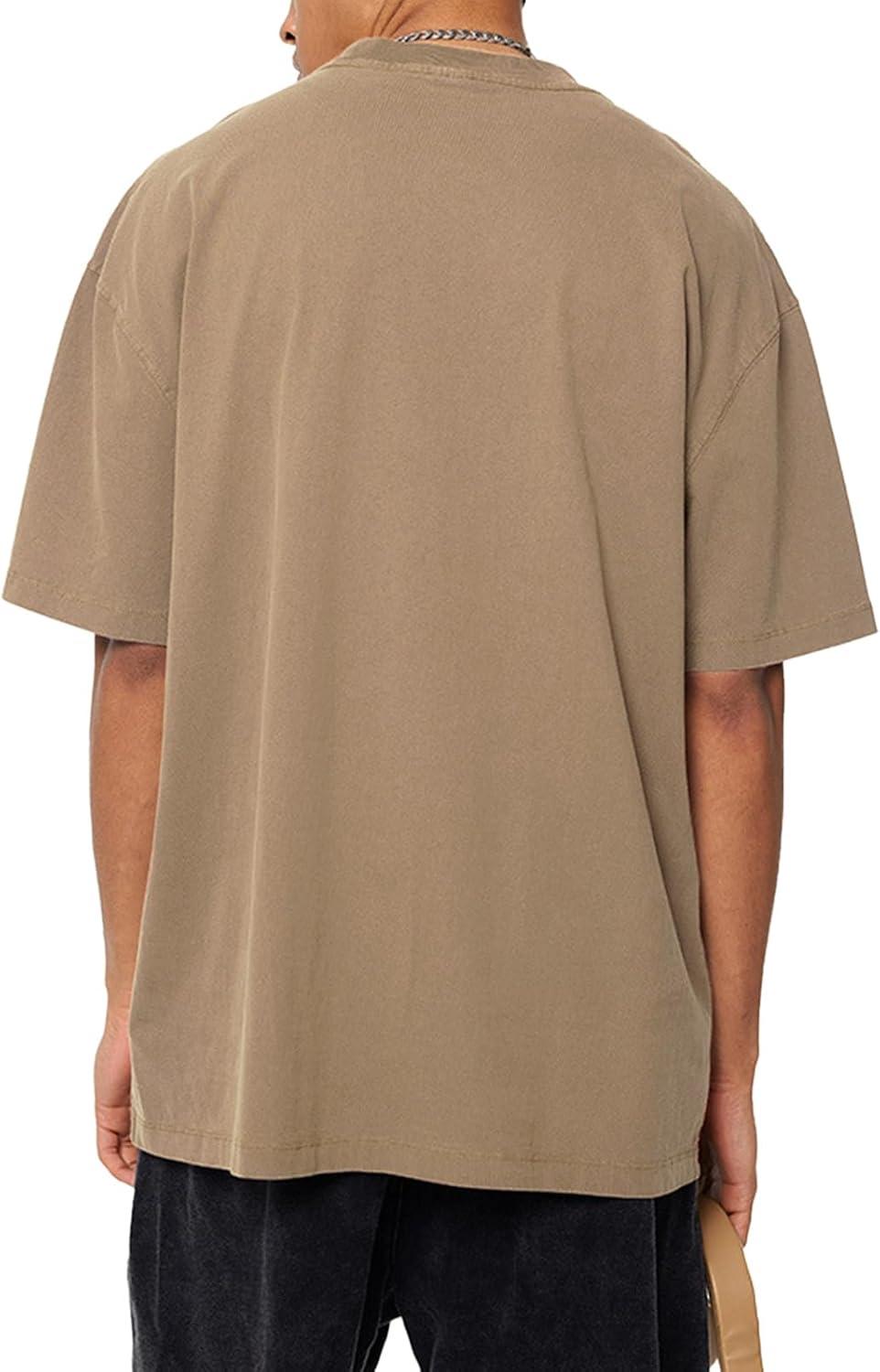 imageAelfric Eden Mens Oversized T Shirt Vintage Acid Wash Short Sleeve Crewneck Shirts Cotton Solid Summer Basic Tee StreetwearCamel