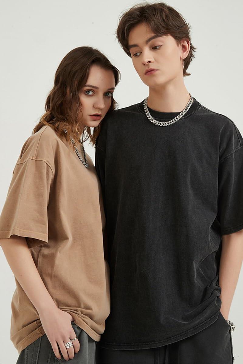 imageAelfric Eden Mens Oversized T Shirt Vintage Acid Wash Short Sleeve Crewneck Shirts Cotton Solid Summer Basic Tee StreetwearCamel