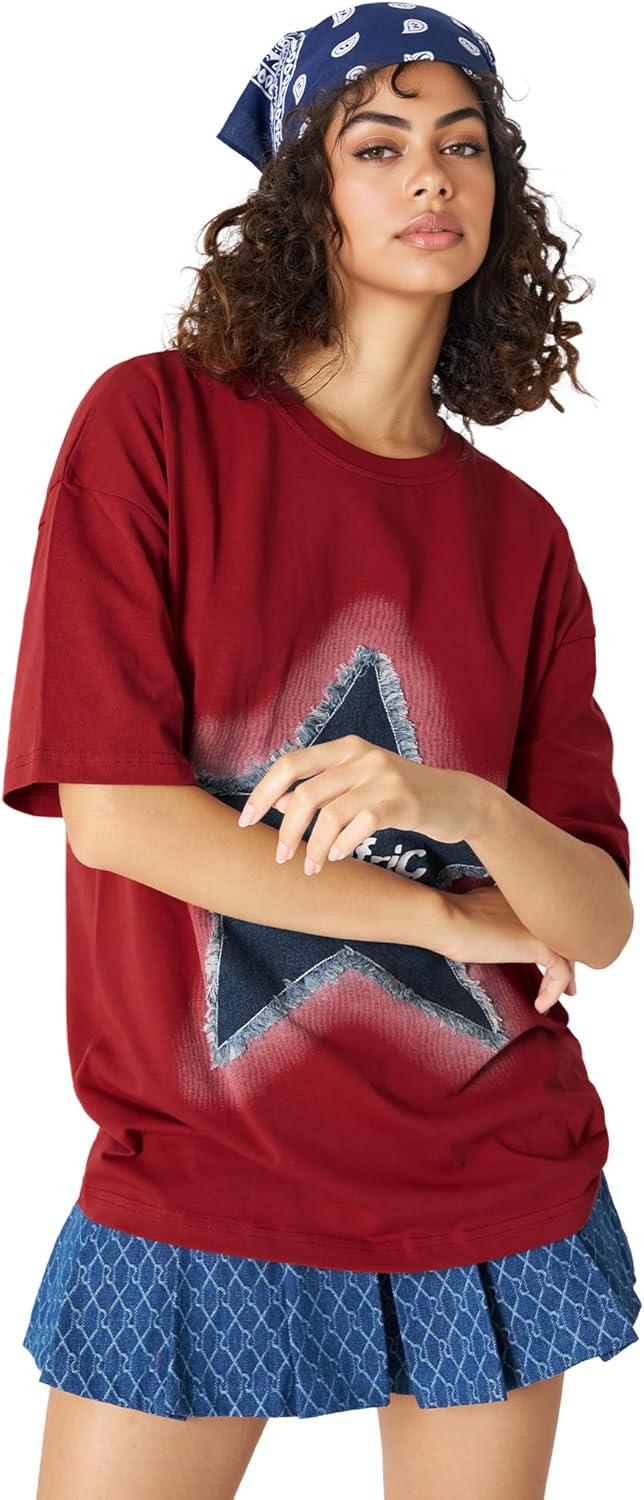 imageAelfric Eden Star T Shirts Oversized Graphic Tees Denim Patchwork Short Sleeve Crewneck Shirts Y2K Vintage Unisex StreetwearRed