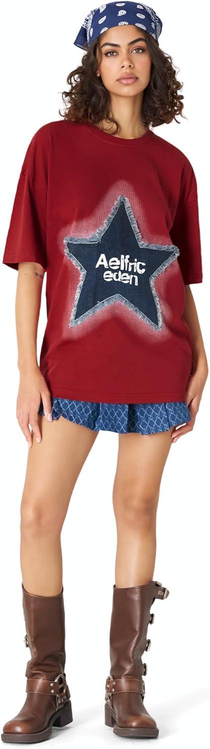 imageAelfric Eden Star T Shirts Oversized Graphic Tees Denim Patchwork Short Sleeve Crewneck Shirts Y2K Vintage Unisex StreetwearRed