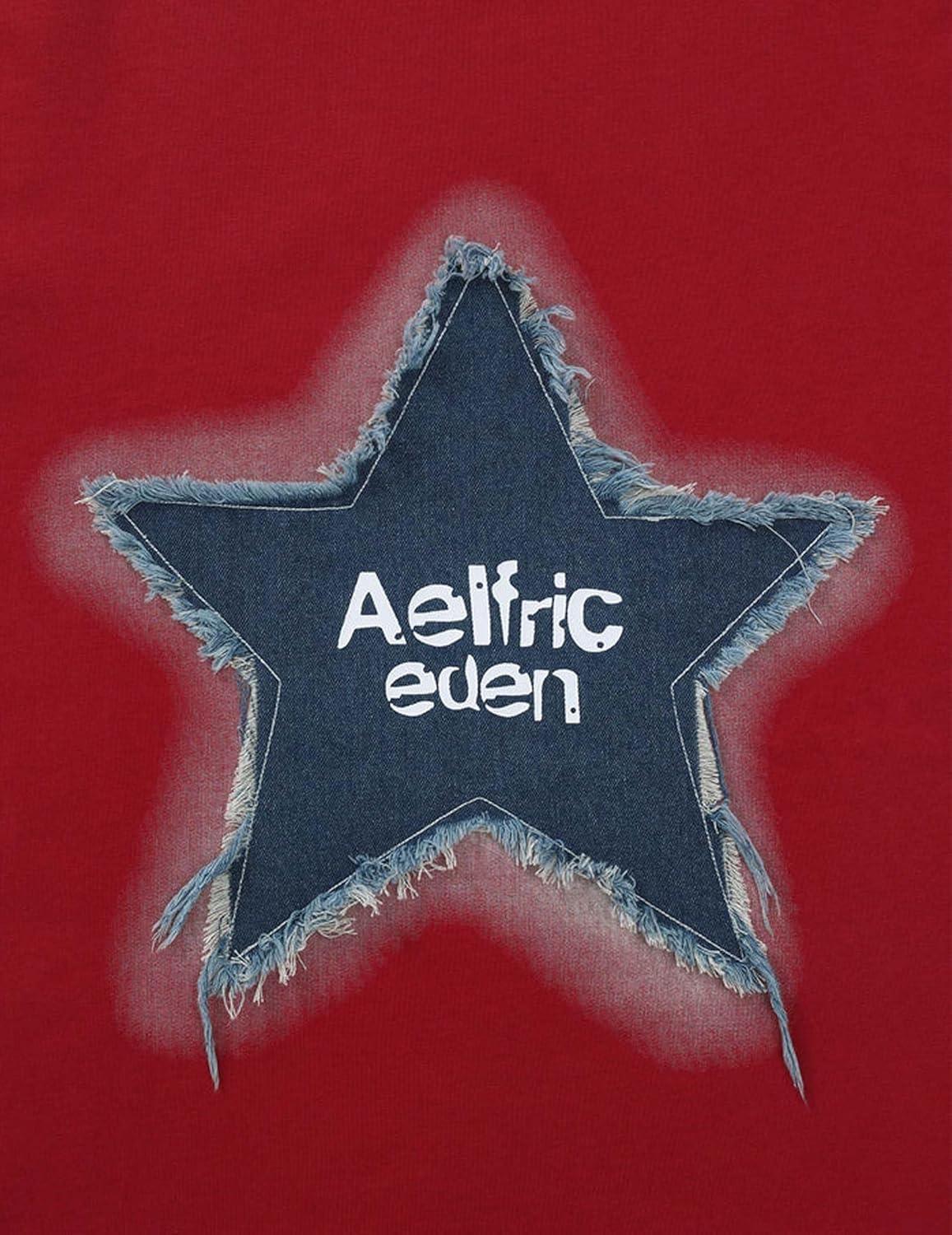 imageAelfric Eden Star T Shirts Oversized Graphic Tees Denim Patchwork Short Sleeve Crewneck Shirts Y2K Vintage Unisex StreetwearRed
