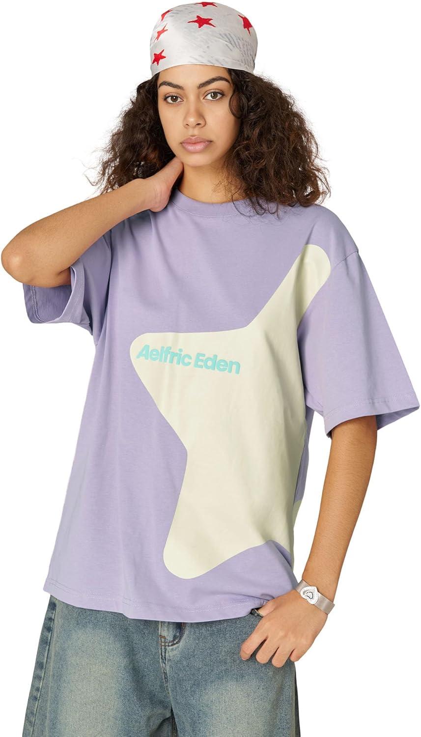 imageAelfric Eden Womens Vintage Color Blocking Tee Oversized Streerwear Star Graphic T Shirt Short Sleeve Summer TopsPurple
