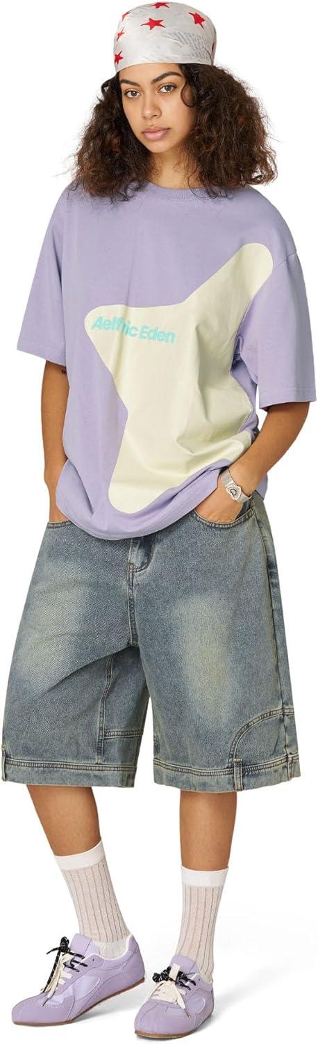 imageAelfric Eden Womens Vintage Color Blocking Tee Oversized Streerwear Star Graphic T Shirt Short Sleeve Summer TopsPurple