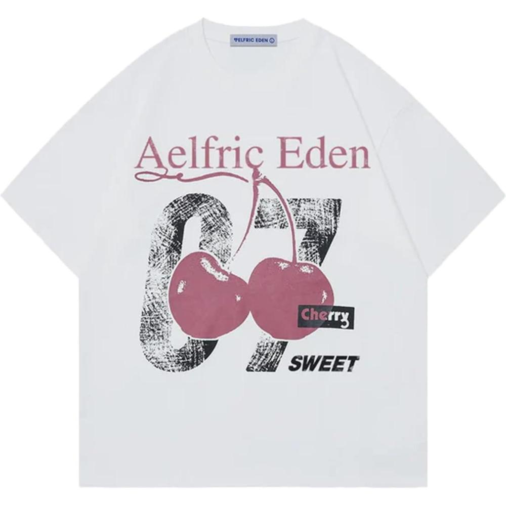 imageAelfric Eden Cherry Print Tee Oversized Graphic Tees Short Sleeve Crewneck Shirts Y2K Vintage Unisex StreetwearWhite