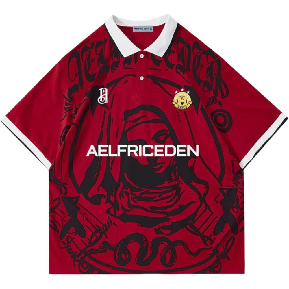 imageAelfric Eden Mens 90s Oversized Y2K T Shirts Nun Portrait Polo Tee Grahpic Streetwear Casual Vintage Summer Top TshirtRed