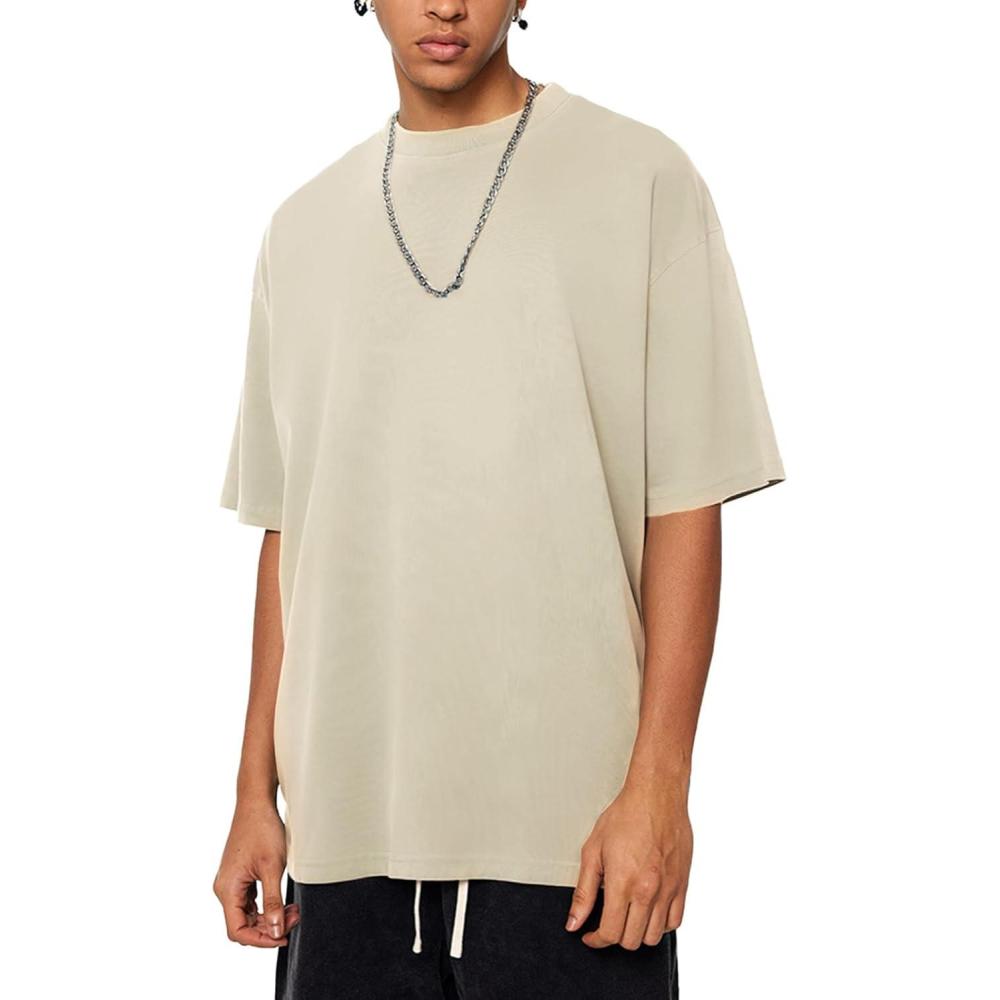 imageAelfric Eden Mens Oversized T Shirt Vintage Acid Wash Short Sleeve Crewneck Shirts Cotton Solid Summer Basic Tee StreetwearApricot