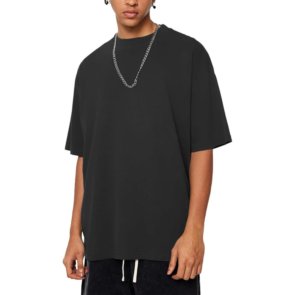 imageAelfric Eden Mens Oversized T Shirt Vintage Acid Wash Short Sleeve Crewneck Shirts Cotton Solid Summer Basic Tee StreetwearBlack