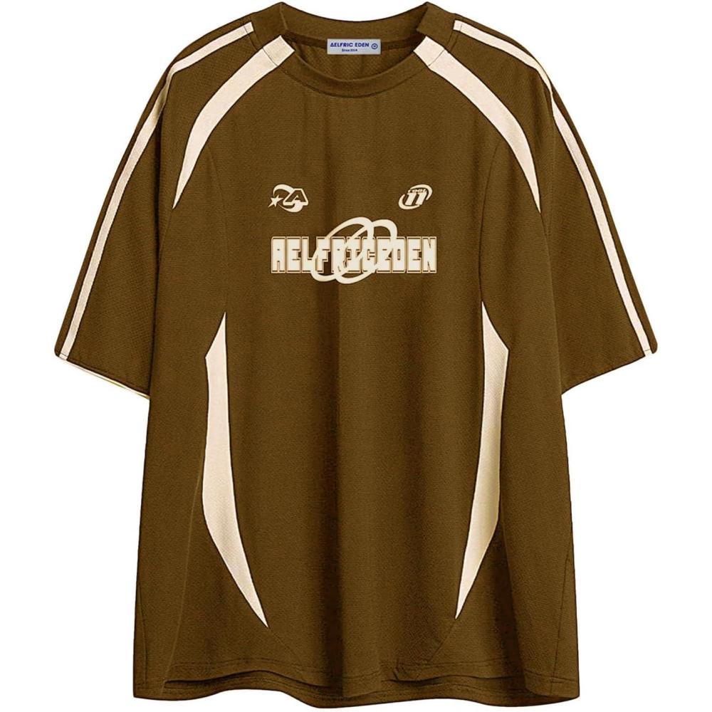 imageAelfric Eden Oversized T Shirt Men 90s Shirt Unisex Streetwear Contrast Color Graphic Tees Casual Vintage Summer TopsBrown