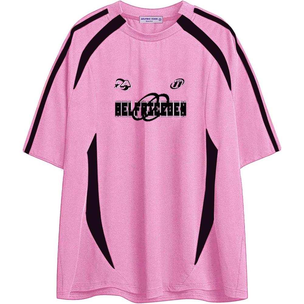 imageAelfric Eden Oversized T Shirt Men 90s Shirt Unisex Streetwear Contrast Color Graphic Tees Casual Vintage Summer TopsLight Pink