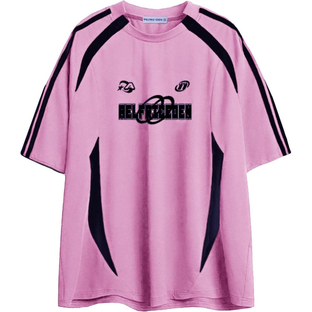 imageAelfric Eden Oversized T Shirt Men 90s Shirt Unisex Streetwear Contrast Color Graphic Tees Casual Vintage Summer TopsPink