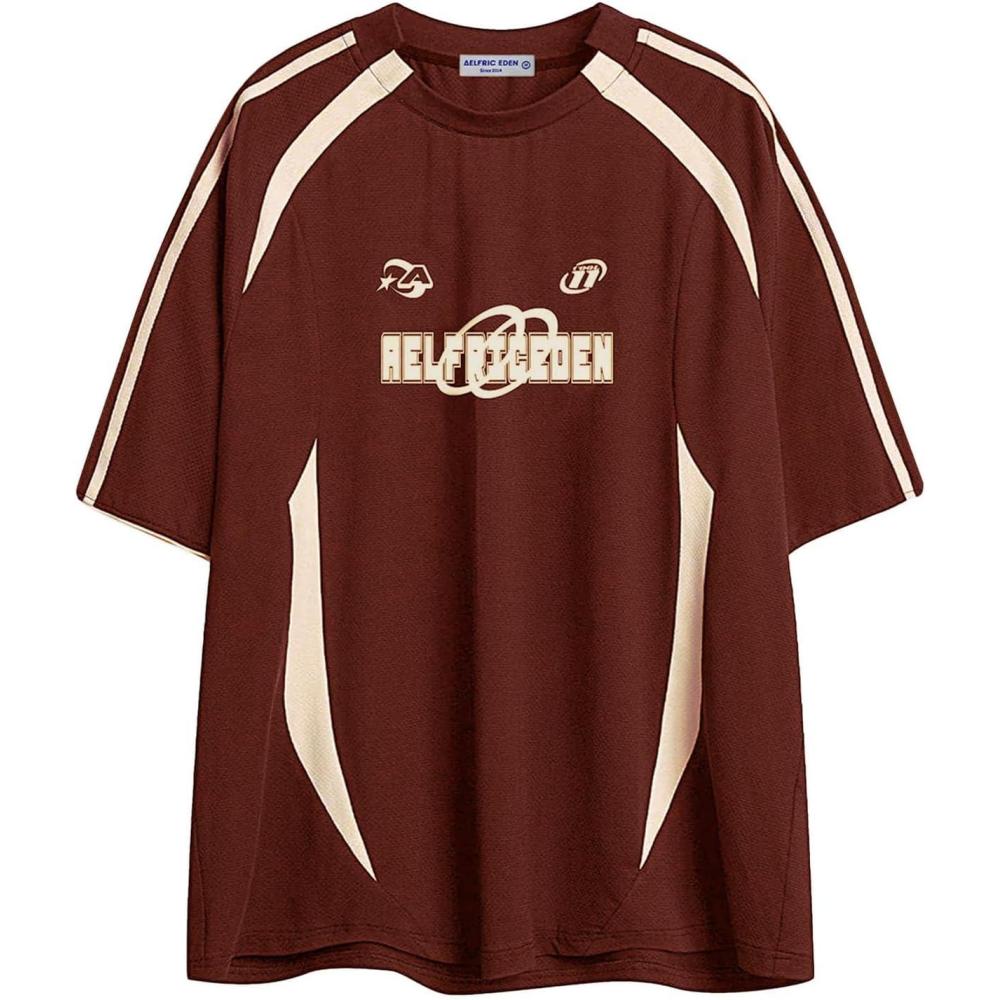 imageAelfric Eden Oversized T Shirt Men 90s Shirt Unisex Streetwear Contrast Color Graphic Tees Casual Vintage Summer TopsWine Red