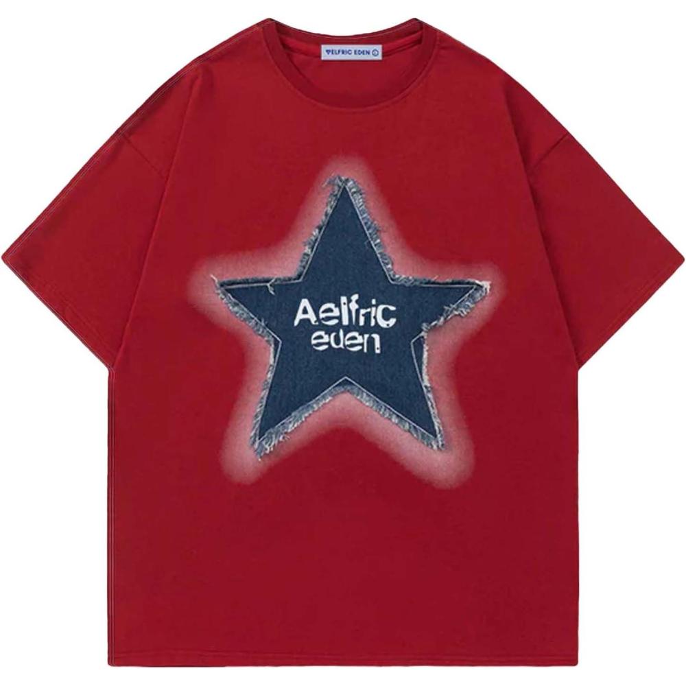 imageAelfric Eden Star T Shirts Oversized Graphic Tees Denim Patchwork Short Sleeve Crewneck Shirts Y2K Vintage Unisex StreetwearRed