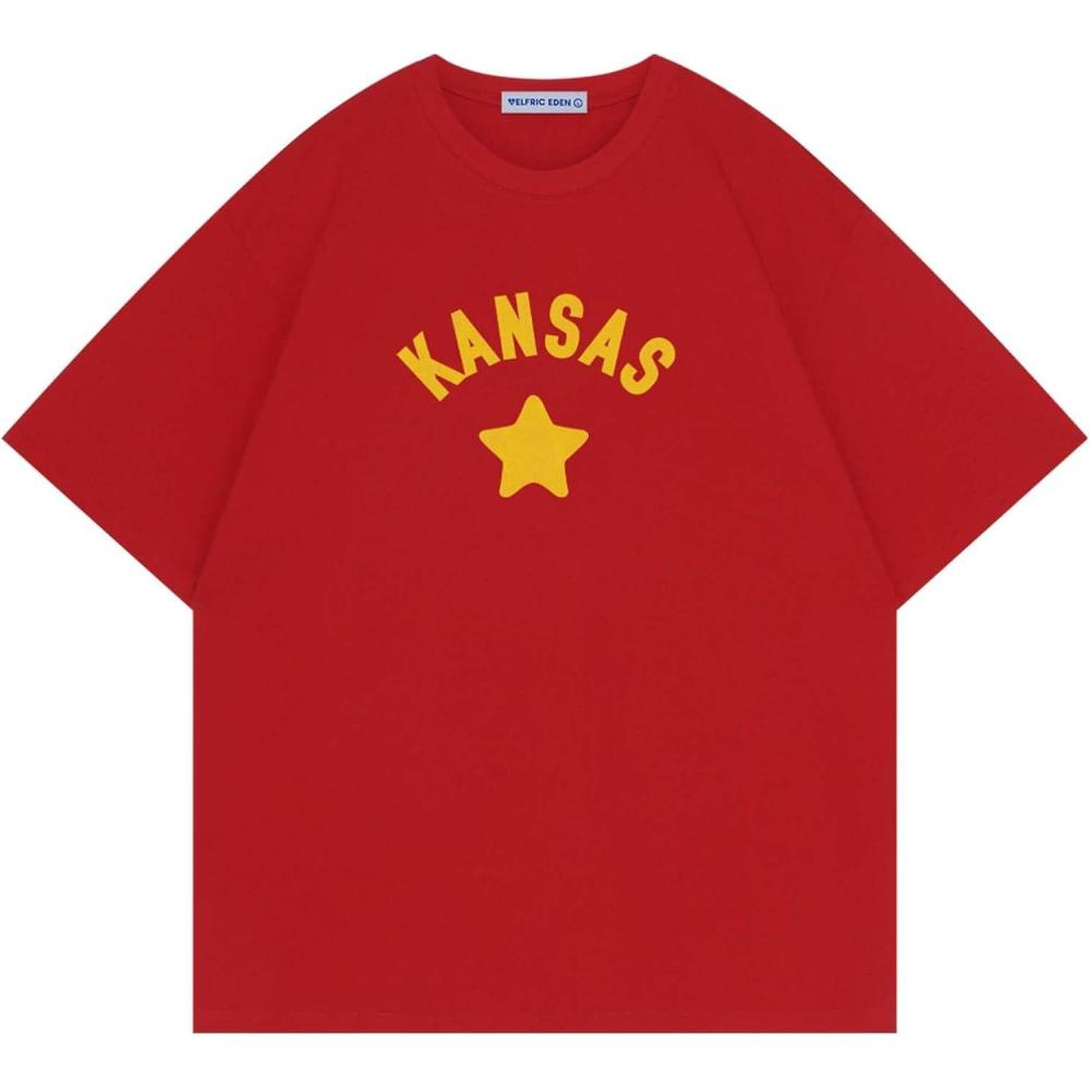imageAelfric Eden Womens Oversized T Shirts Star Graphic Letter Tee Loose Fit Short Sleeve Tops Summer Vintage Y2K StreetwearRed