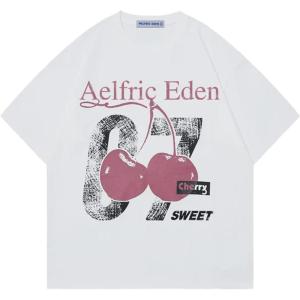 imageAelfric Eden Cherry Print Tee Oversized Graphic Tees Short Sleeve Crewneck Shirts Y2K Vintage Unisex StreetwearWhite